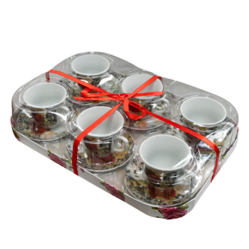 Set 6 cești cu farfurioare decorate cu boabe de cafea si trandafir rosu