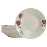 Set 6 farfurii adanci 20 cm x 280 ml pentru 6 persoane, Ivoire cu trandafir roz