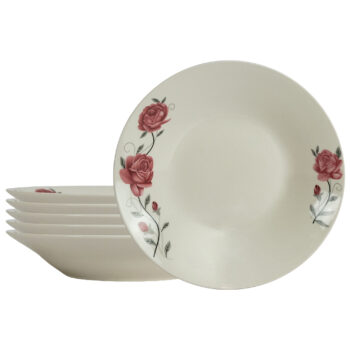 Set 6 farfurii adanci 20 cm x 280 ml pentru 6 persoane, Ivoire cu trandafir roz
