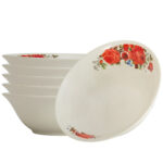 Set 6 boluri 15 cm x 270 ml, pentru 6 persoane, Cesiro Porțelan, Ivoire cu trandafir rosu