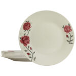 Set 6 farfurii intinse 23 cm pentru 6 persoane, Ivoire cu trandafir roz