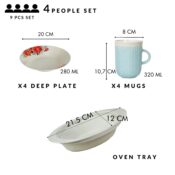 Vesela completa, 4 persoane, 9 piese, cana albastra, farfurie adanca, tava termorezistenta, Portelan decorat cu Trandafiri rosii