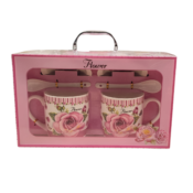 Set 2 căni, 320ml,  trandafir roz cu lingurițe și farfurioare