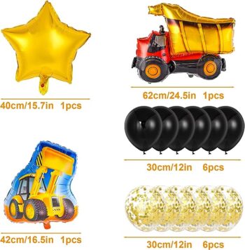 Set baloane pentru aniversare copii tematica constructii, banner din baloane cu camioane, 30 de piese