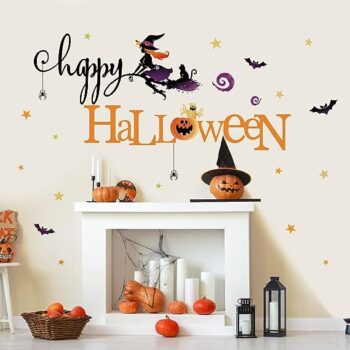 Autocolante de perete, Happy Halloween, 5 tipuri de autocolante (mesajul ''happy'', mesajul ''Halloween'', stelute, lilieci si efecte)
