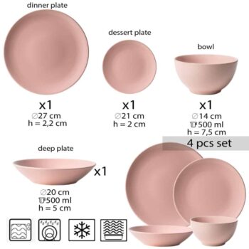 Set farfurii 4 piese, pentru o persoana, Pastel Pink, Cesiro, Roz Lucios