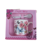 Set cană, 350ml, cu linguriță motiv bicicletă și trandafiri roz
