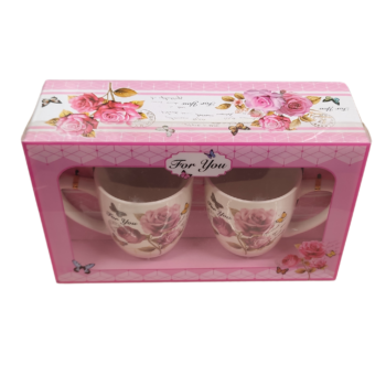 Set 2 căni, 320ml,  trandafir roz cu mesaj For You și lingurițe