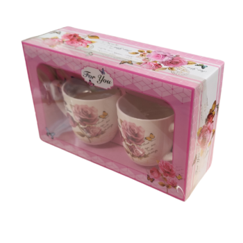 Set 2 căni, 320ml,  trandafir roz cu mesaj For You și lingurițe