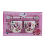 Set 2 căni, 320ml,  trandafir roz cu mesaj For You și lingurițe