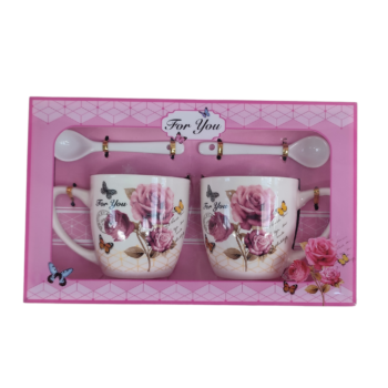 Set 2 căni, 320ml,  trandafir roz cu mesaj For You și lingurițe