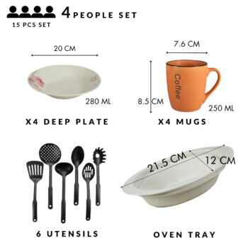 Set de masa, 4 persoane, 15 piese, cana portocalie, farfurie adanca, tava termorezistenta, ustensile bucatarie, Portelan decorat cu Orhidee