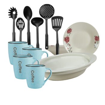 Serviciu de masa, 4 persoane, 15 piese, cana albastra, farfurie adanca, tava termorezistenta, ustensile bucatarie, Portelan decorat cu trandafir roz Serviciu de masa, 4 persoane, 15 piese, cana albastra, farfurie adanca, tava termorezistenta, ustensile bucatarie, Portelan decorat cu trandafir roz