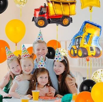 Set baloane pentru aniversare copii tematica constructii, banner din baloane cu camioane, 30 de piese