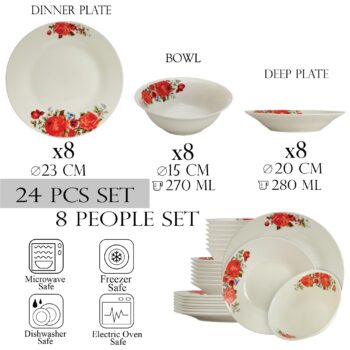 Set farfurii 24 piese, pentru 8 persoane, Cesiro, Ivoire cu trandafir rosu