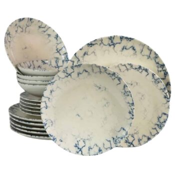 Set farfurii 18 piese, pentru 6 persoane, Marble, Cesiro, Alb Ivoire cu albastru