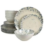 Set farfurii 18 piese, pentru 6 persoane, Marble, Cesiro, Alb Ivoire lucios cu albastru