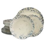 Set farfurii 12 piese, pentru 4 persoane, Marble, Cesiro, Alb Ivoire cu albastru