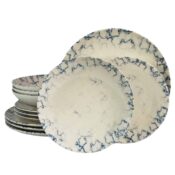 Set farfurii 12 piese, pentru 4 persoane, Marble, Cesiro, Alb Ivoire cu albastru