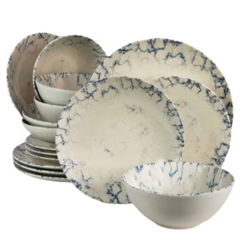 Set farfurii 16 piese, pentru 4 persoane, Marble, Cesiro, Alb Ivoire cu albastru