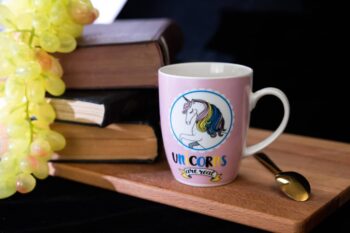 Cana cu decor unicorn, 310 ml, Alb/Roz