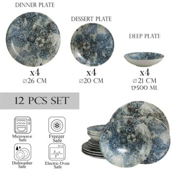 Set farfurii 12 piese, pentru 4 persoane, Blue Tiles, Cesiro, Alb Ivoire cu Albastru