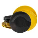 Set farfurii 12 piese, pentru 4 persoane, Sunflower, Cesiro, Gri inchis/Galben