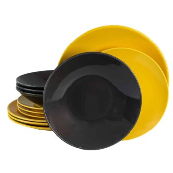 Set farfurii 12 piese, pentru 4 persoane, Sunflower, Cesiro, Gri inchis/Galben