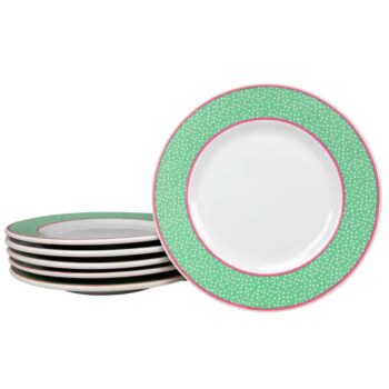 Set 6 farfurii desert Alb Pur decorat cu banda Verde cu roz si puncte albe, 20 cm