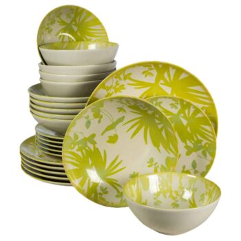 Set farfurii 24 piese, pentru 6 persoane, Hawaii, Cesiro, Alb Ivoire cu frunze verde-galbui Set farfurii 24 piese, pentru 6 persoane, Hawaii, Cesiro, Alb Ivoire cu frunze verde-galbui