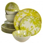 Set farfurii 18 piese, pentru 6 persoane, Hawaii, Cesiro, Ivory decorat cu frunze verde-galbui