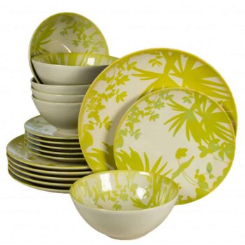 Set farfurii 18 piese, pentru 6 persoane, Hawaii, Cesiro, Ivory decorat cu frunze verde-galbui