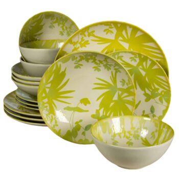 Set farfurii 16 piese, pentru 4 persoane, Hawaii, Cesiro, Alb ivoire cu frunze verde-galbui Set farfurii 16 piese, pentru 4 persoane, Hawaii, Cesiro, Alb ivoire cu frunze verde-galbui