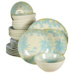 Set farfurii 24 piese, pentru 6 persoane, Hawaii, Cesiro, Alb ivoire cu frunze albastru deschis