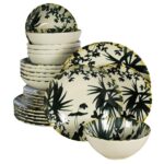 Set farfurii 24 piese, pentru 6 persoane, Hawaii, Cesiro, Alb Ivoire cu frunze negre