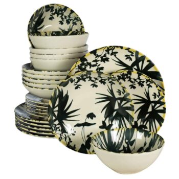 Set farfurii 24 piese, pentru 6 persoane, Hawaii, Cesiro, Alb Ivoire cu frunze negre