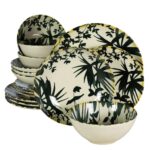Set farfurii 16 piese, pentru 4 persoane, Hawaii, Cesiro, Alb ivoire cu frunze negre