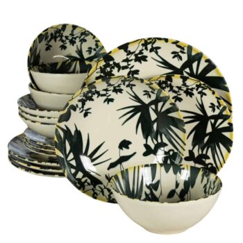 Set farfurii 16 piese, pentru 4 persoane, Hawaii, Cesiro, Alb ivoire cu frunze negre Set farfurii 16 piese, pentru 4 persoane, Hawaii, Cesiro, Alb ivoire cu frunze negre