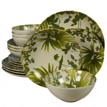 Set farfurii 16 piese, pentru 4 persoane, Hawaii, Cesiro, Alb ivoire decorat cu frunze verzi