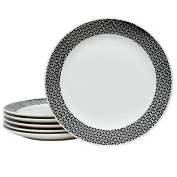 Set 6 farfurii intinse Alb Pur cu banda neagra cu patratele, 26 cm Set 6 farfurii intinse Alb Pur cu banda neagra cu patratele, 26 cm
