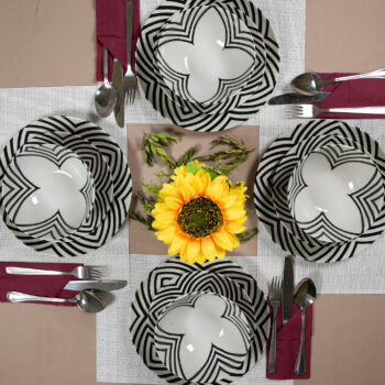 Set de masa, 18 piese, pentru 2 persoane, Hypnosis, Cesiro, Alb Ivoire cu dungi negre