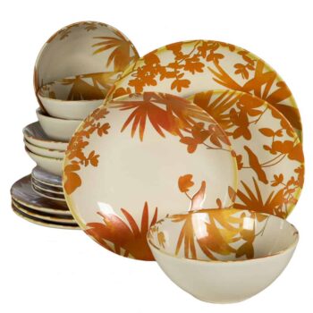 Set farfurii 16 piese, pentru 4 persoane, Hawaii, Cesiro, Alb ivoire cu frunze portocalii Set farfurii 16 piese, pentru 4 persoane, Hawaii, Cesiro, Alb ivoire cu frunze portocalii