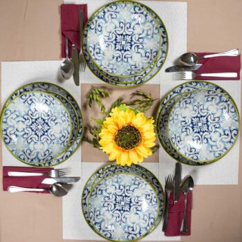 Set farfurii 12 piese, pentru 4 persoane, Marocco, Cesiro, Alb Ivoire cu albastru