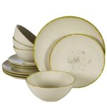 Set farfurii 12 piese, pentru 4 persoane, Ivory Stone, Cesiro, Alb Ivoire Lucios cu margine aurie