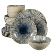 Set farfurii 24 piese, pentru 6 persoane, MoonLight, Cesiro,  Alb Ivoire cu linii albastre
