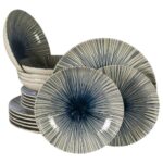 Set farfurii 18 piese, pentru 6 persoane, MoonLight, Cesiro, Alb Ivoire cu linii albastre