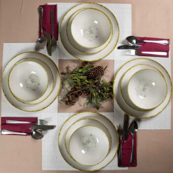 Set farfurii 12 piese, pentru 4 persoane, Ivory Stone, Cesiro, Alb Ivoire Lucios cu margine aurie
