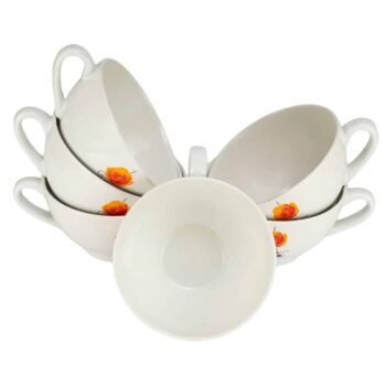 Set 6 cani jumbo 700 ml, Alb Lucios cu trandafir galben