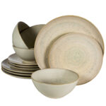 Set farfurii 12 piese, pentru 4 persoane, Shell, Cesiro, Crem deschis lucios