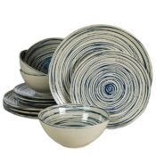 Set farfurii 12 piese, pentru 4 persoane, Maritim, Cesiro, Alb Ivoire lucios cu albastru